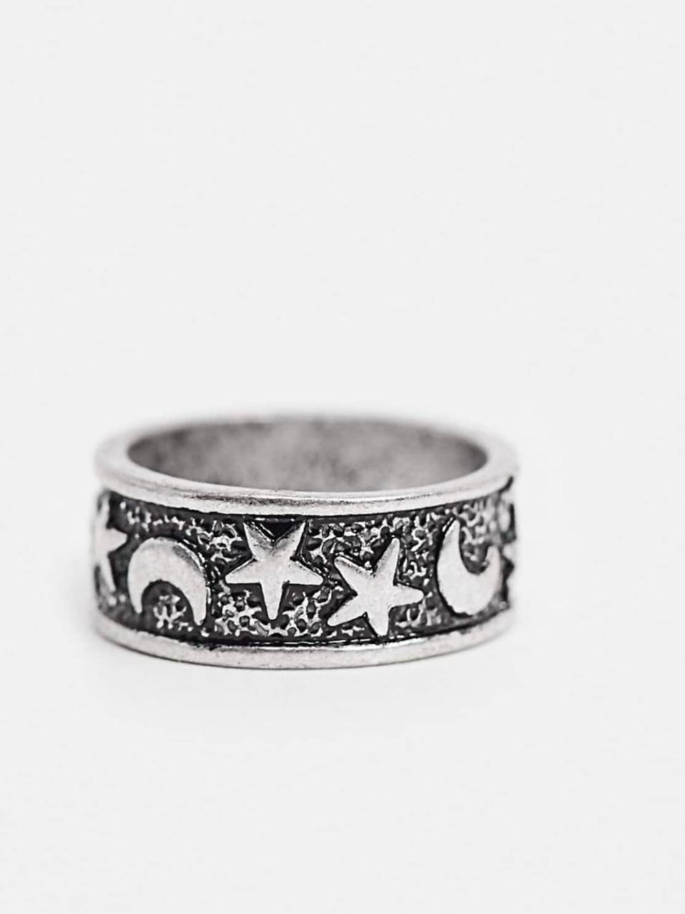 Silver Moon & Star Pattern Band Ring